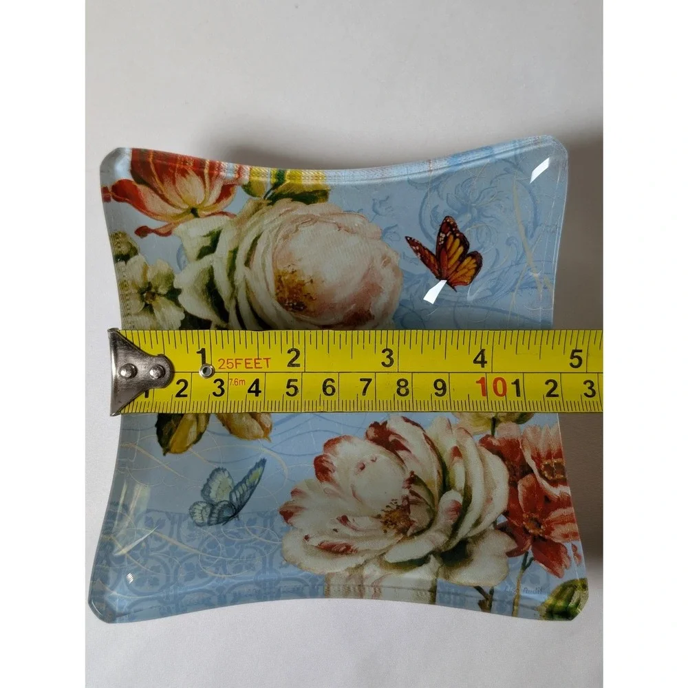 Set of 3 Lisa Audit Glass Trinket‎ Dishes Floral Bird Butterfly Square Blue